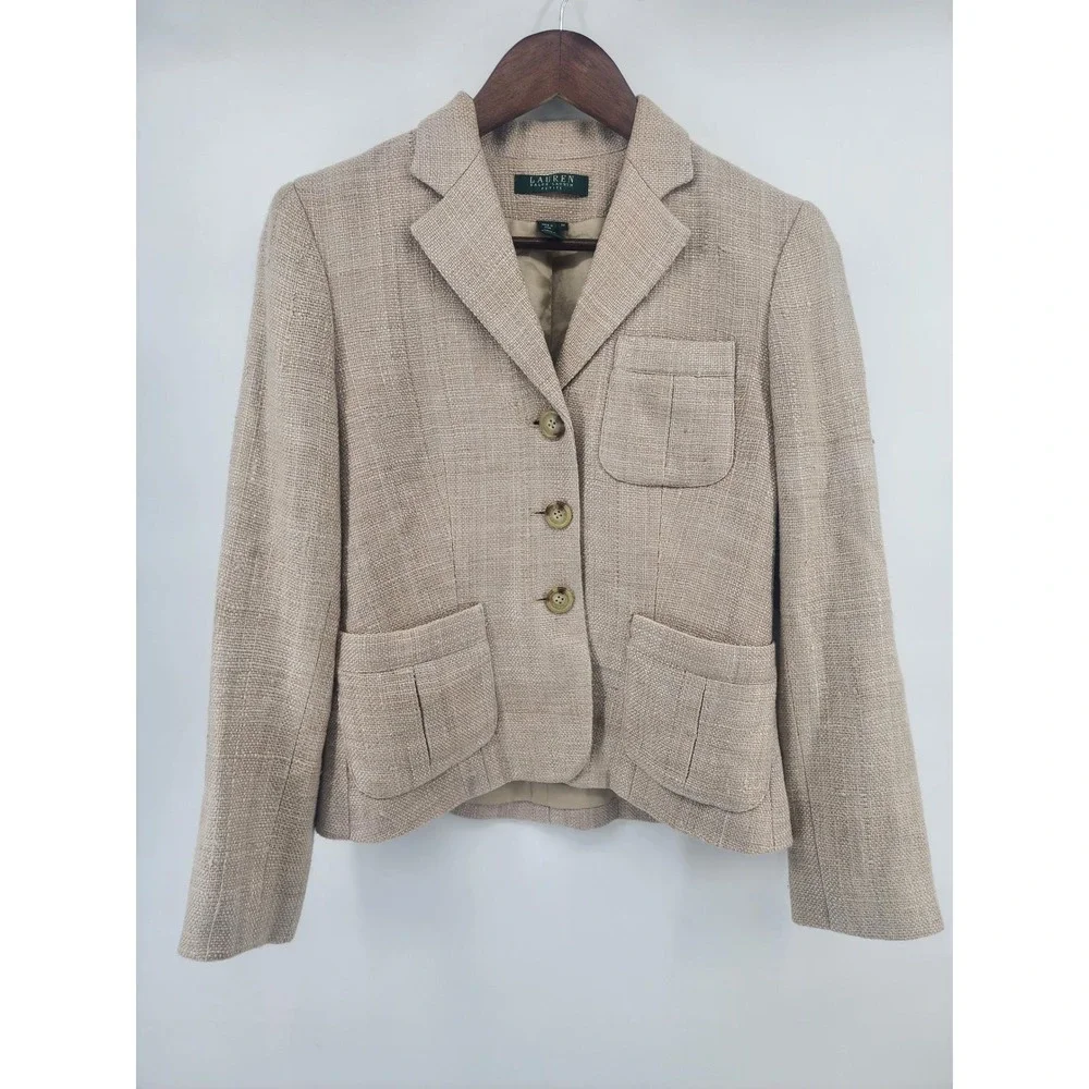 Lauren Ralph Lauren Petite Tan 100% Silk Textured Blazer‎ Jacket Size 2P
